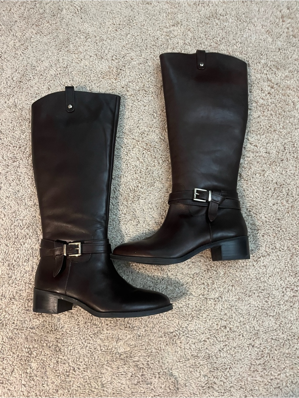 Alex Marie Black Leather Mid-Heel Knee Boots with Buckle Never Worn